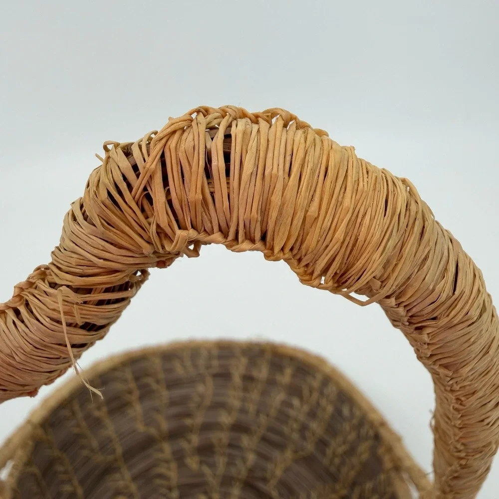 Vtg Handmade Pine Needle Gathering Basket Wrapped Handle Southern Folk Art Decor
